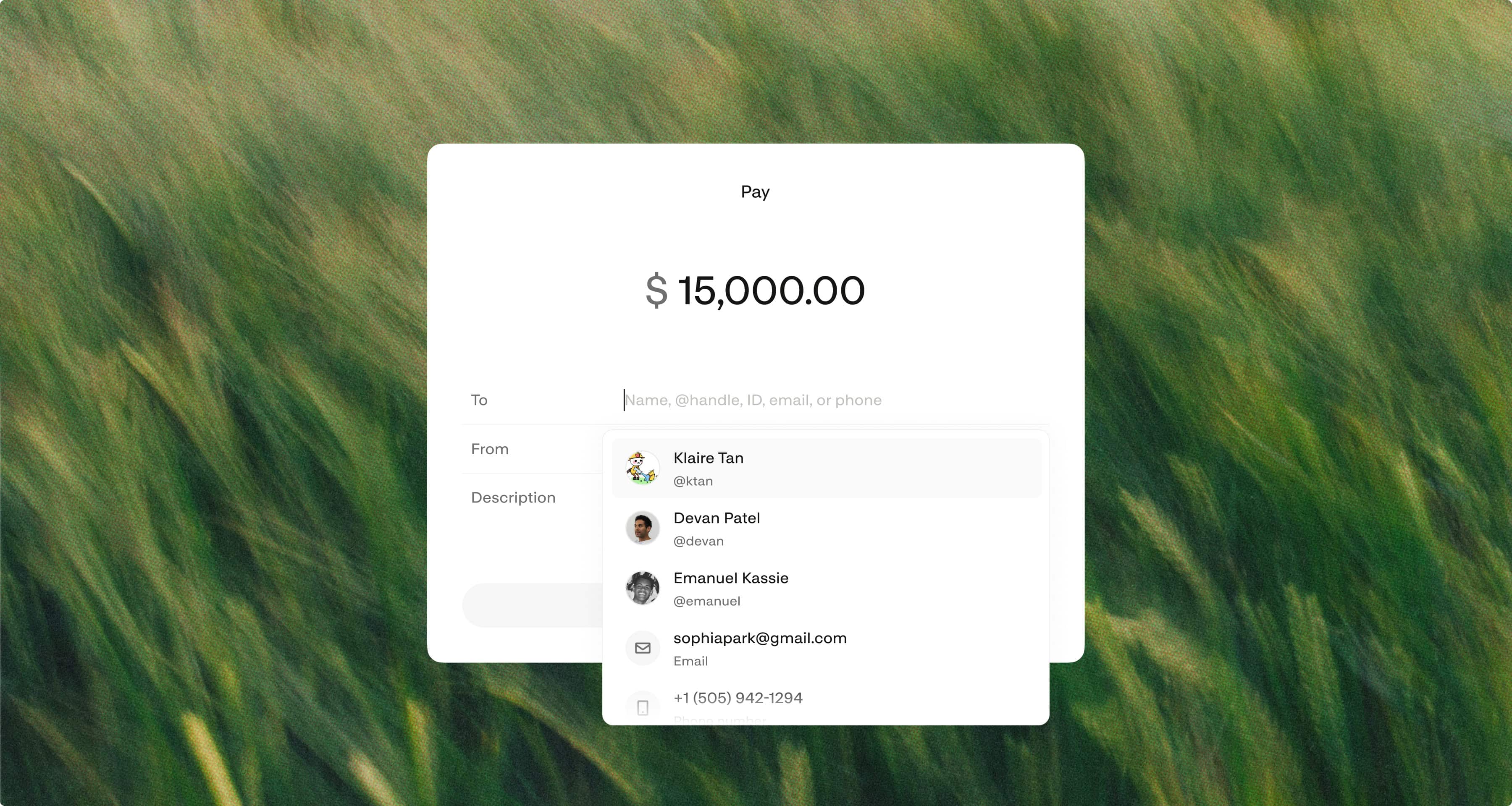 Pay flow sending $500 to a recipient selected by name or handle