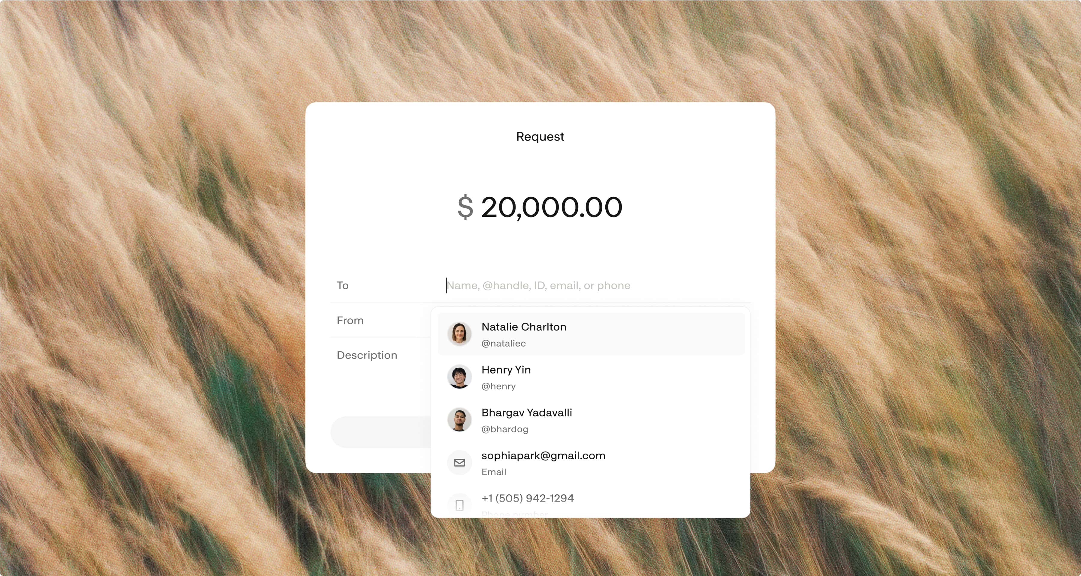 Request flow asking for $10,000 from a recipient selected by name or handle