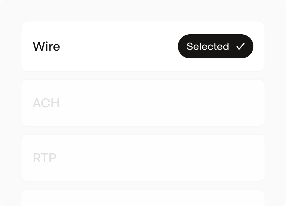 Payment rail selector with Wire selected alongside ACH, RTP, and stablecoins