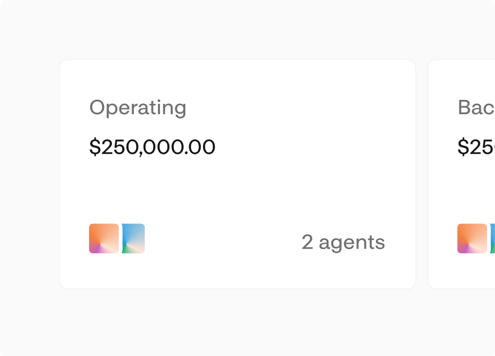 Operating and backup wallets, each with a balance and assigned agents
