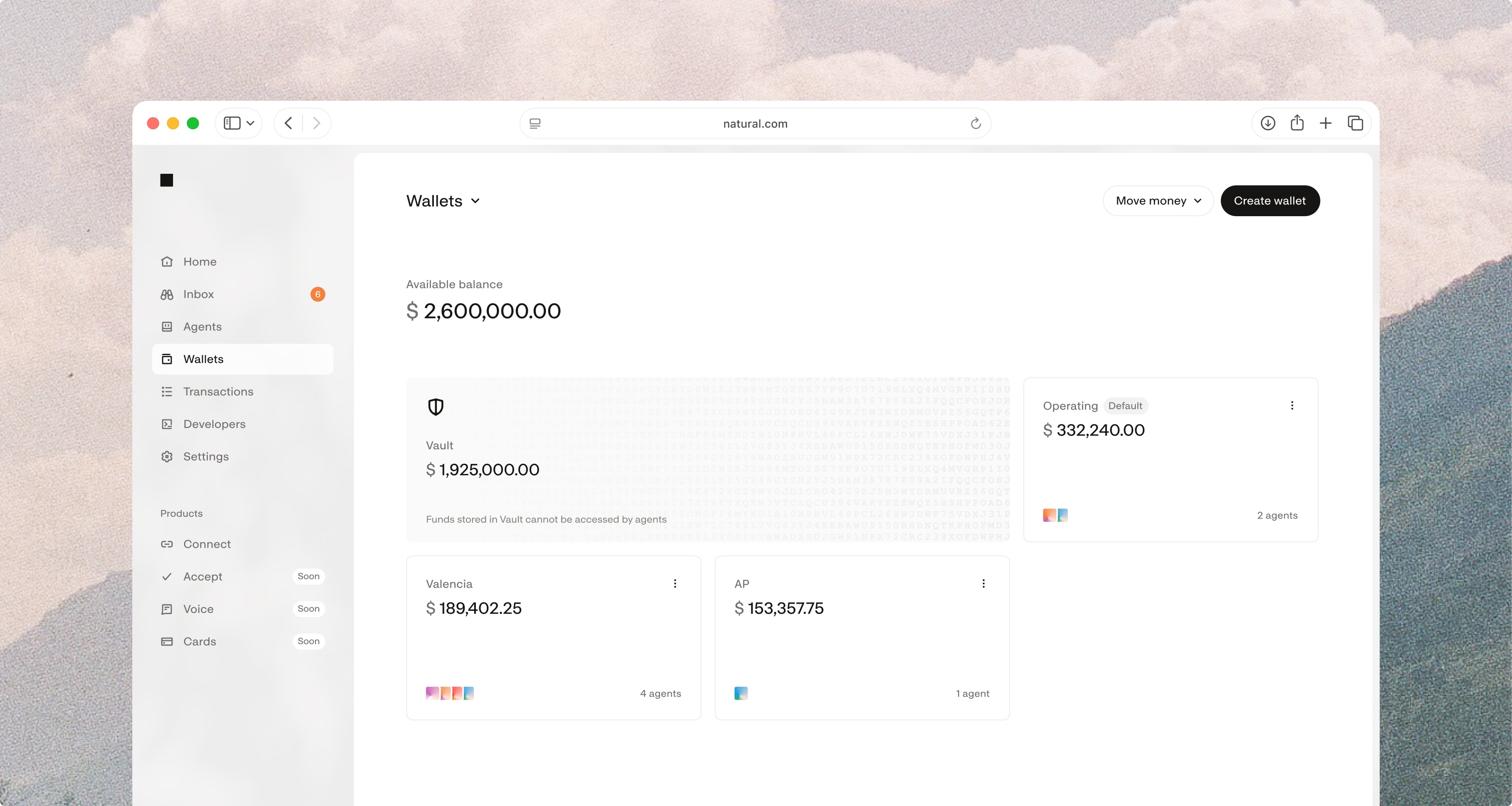 Natural wallets dashboard showing a total balance across vault and spending wallets